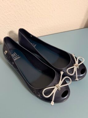 Mini Melissa Navy Peep-Toe Flats with Silver Bow